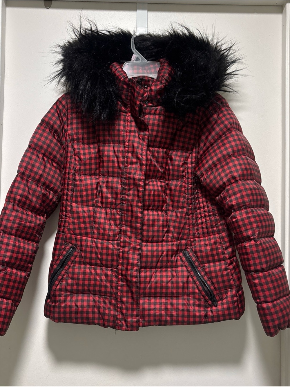 Talbots Red Black Plaid Puffer Jacket coat Faux Fur Trim medium petite winter
